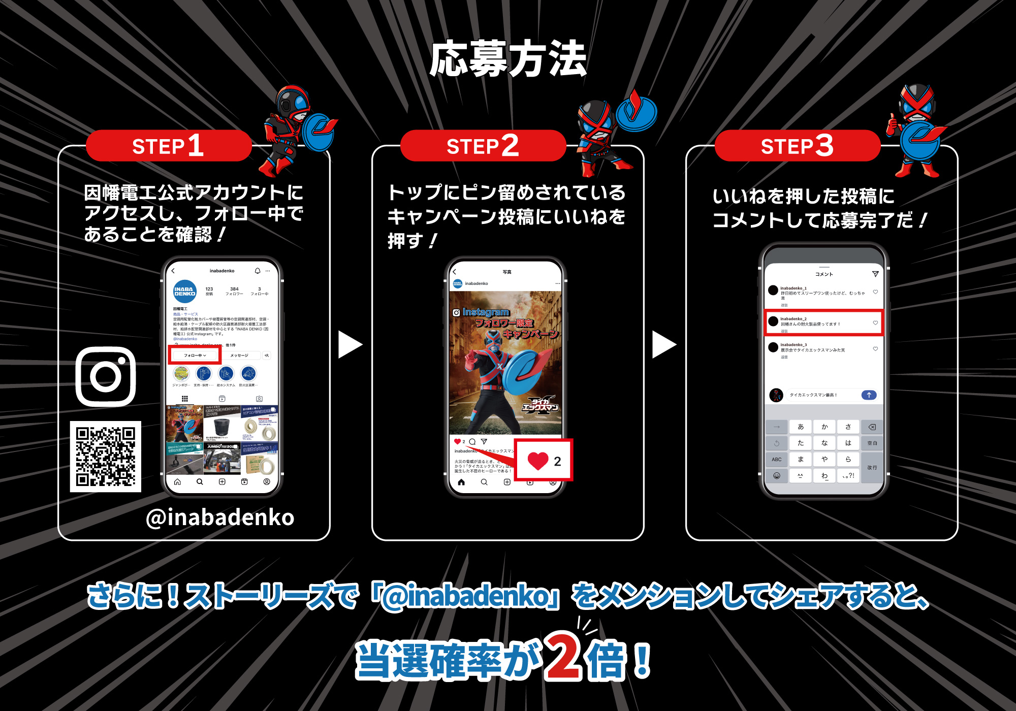 Instagramフォロワー限定キャンペーン！タイカエックスマン爆誕。応募方法－因幡電工（INABA DENKO）