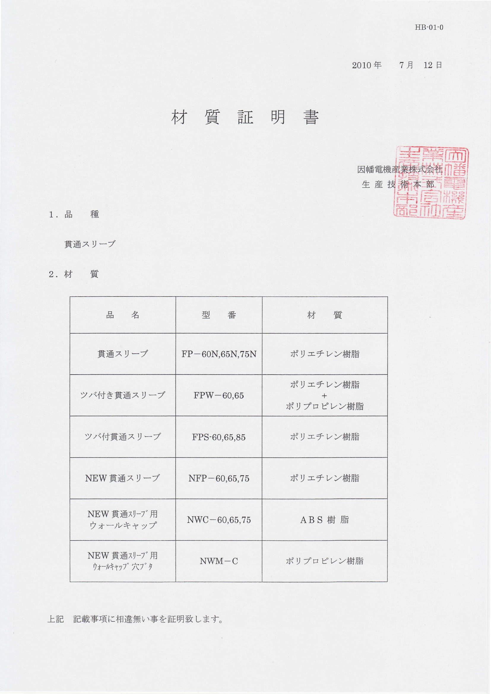 材質証明書見本: 材質証明書 樹脂 – TVQGLO