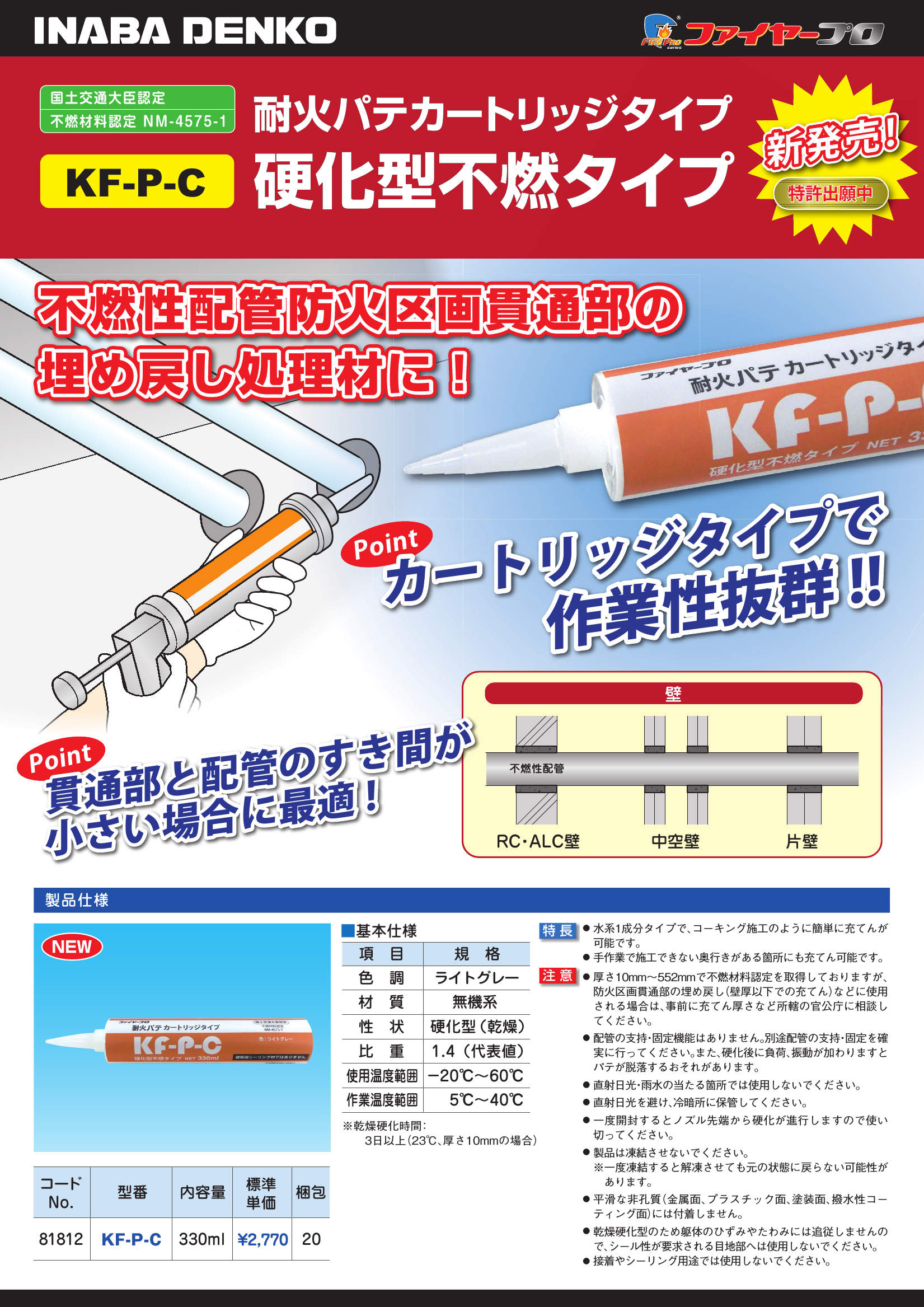 KF-P】耐火パテ 硬化型不燃タイプ | 製品情報 | 因幡電工 INABA DENKO(因幡電機産業)