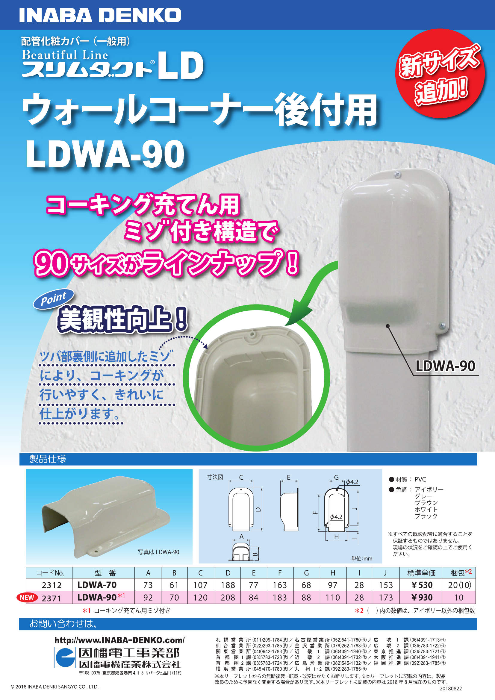 春のコレクション 因幡電工 ウォールコーナー後付用 LDWA-70-I 1個