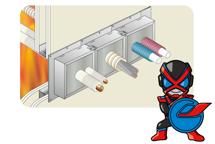 そんな時には＜耐火マルチボックス＞冷媒管・給排水管・電気（ケーブル）の同時貫通ができる優れた相棒だ！