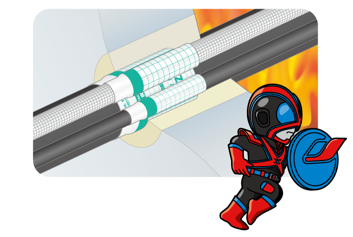 そんな時には＜耐火テープ 冷蔵冷凍タイプ＞耐火テープで配管を措置すれば複数本でも貫通できる優れた相棒だ！